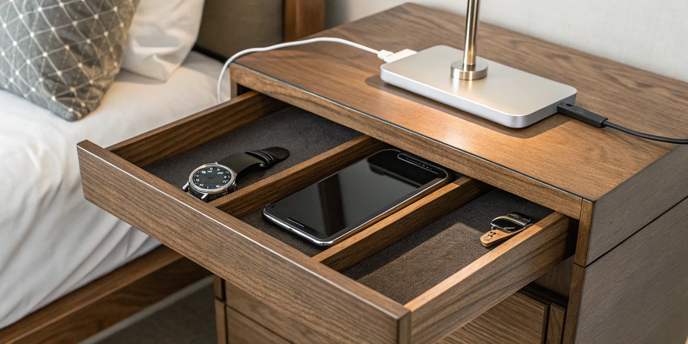 A wooden mens nightstand organizer with a wireless charging station for a phone, watch, and keys.