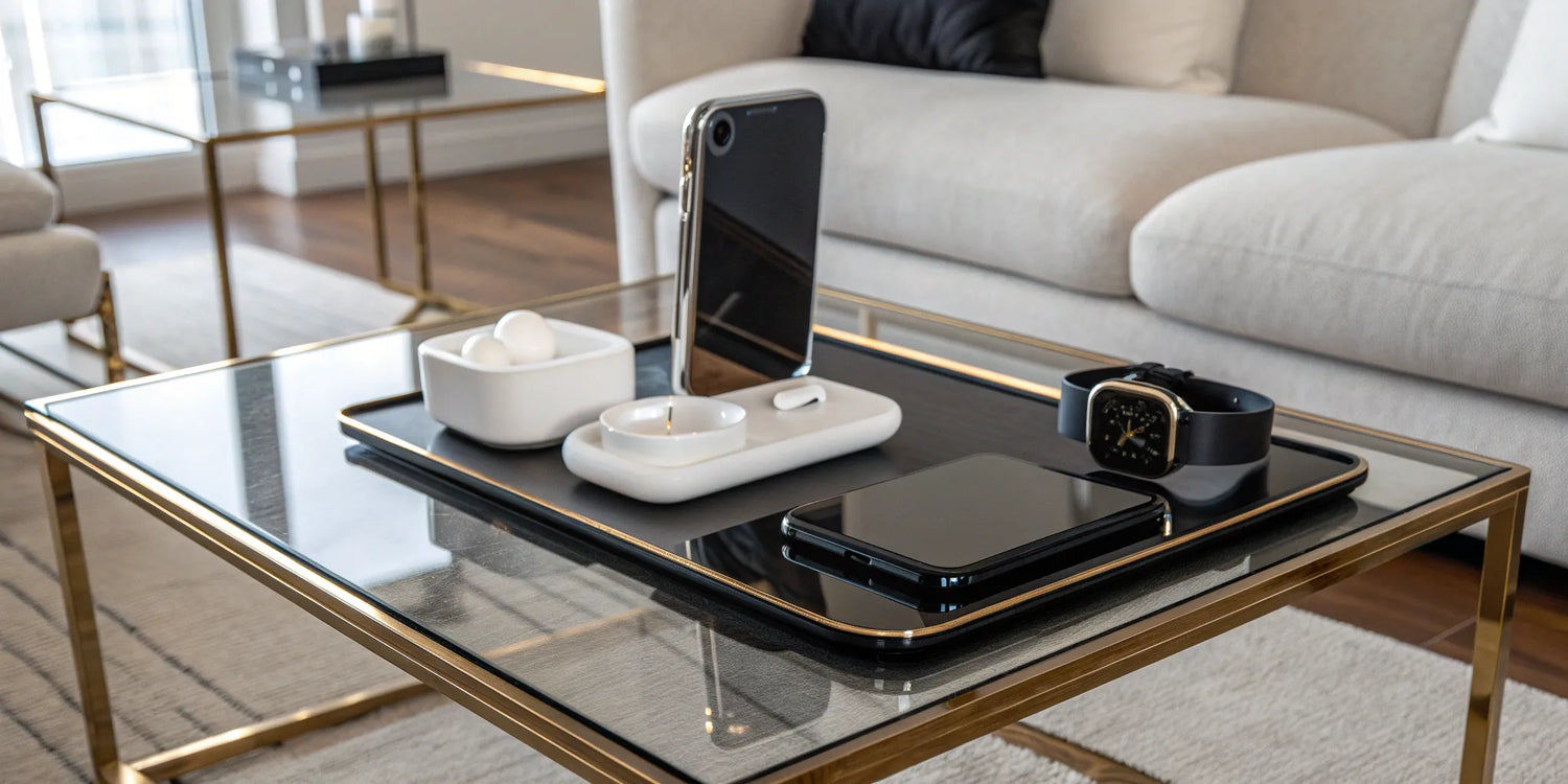 Wireless charging station for an iPhone, Apple Watch, and AirPods.