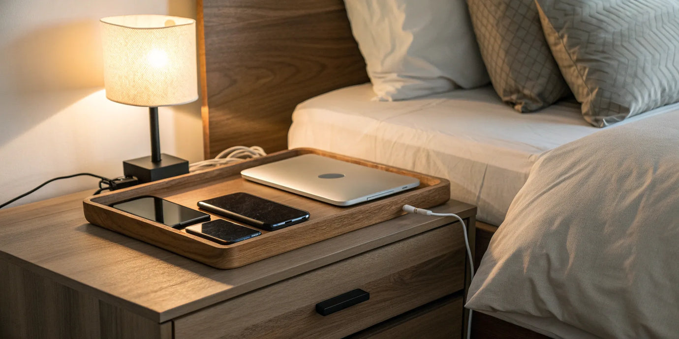 Best bedside charging station organizing multiple devices and eliminating cable clutter.