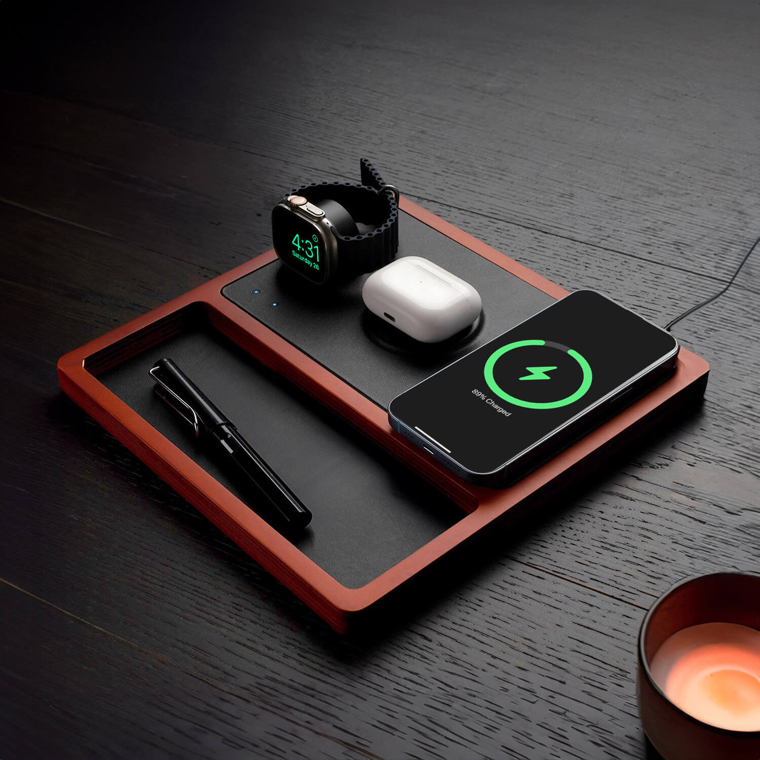 Wooden wireless charging station for Apple devices.