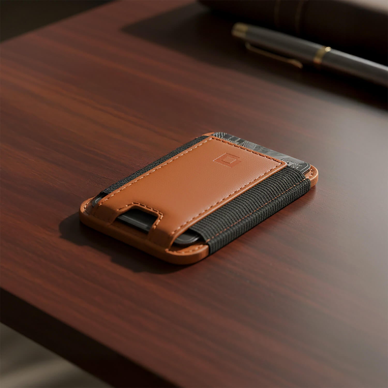 A collection of premium real leather MagSafe wallets in various brown tones.