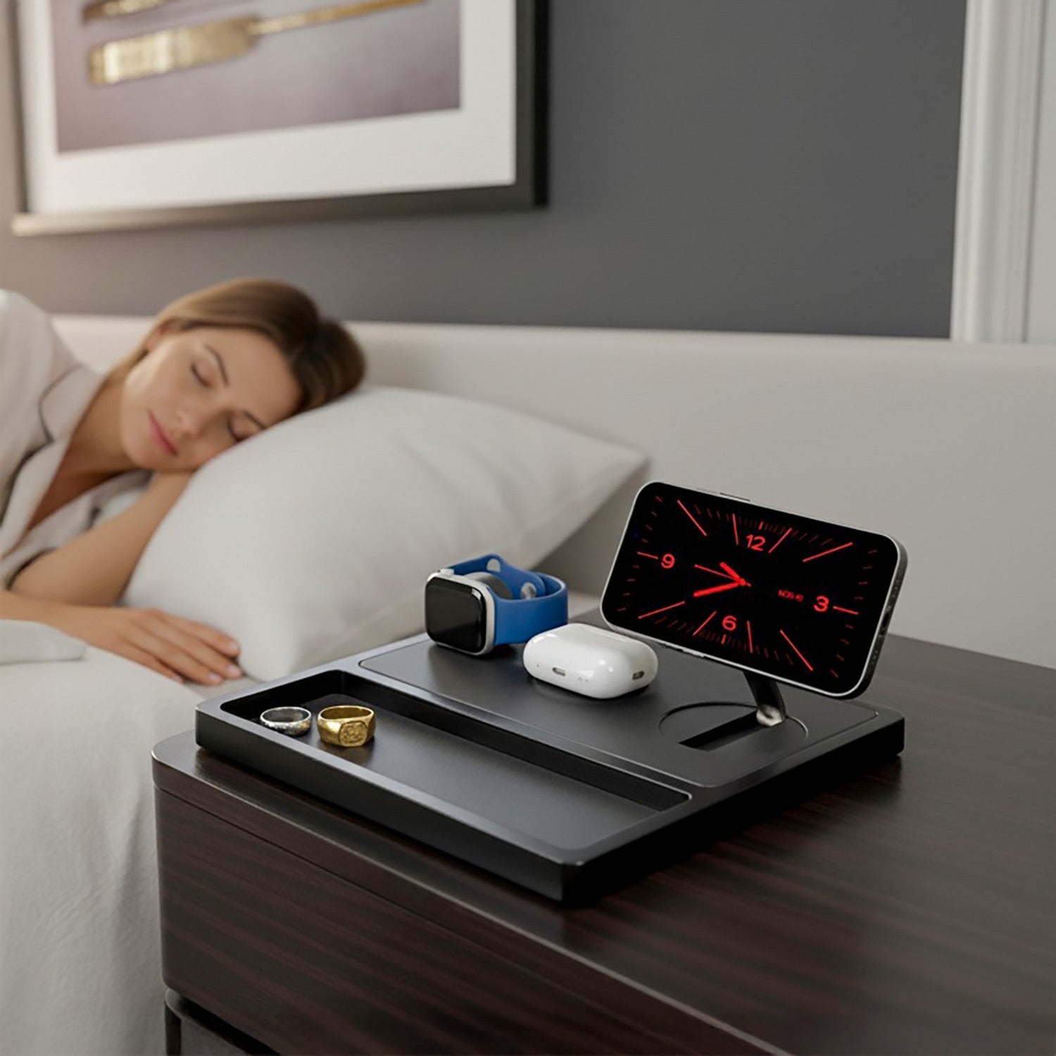 Multi-device charging station keeps a desk tidy.