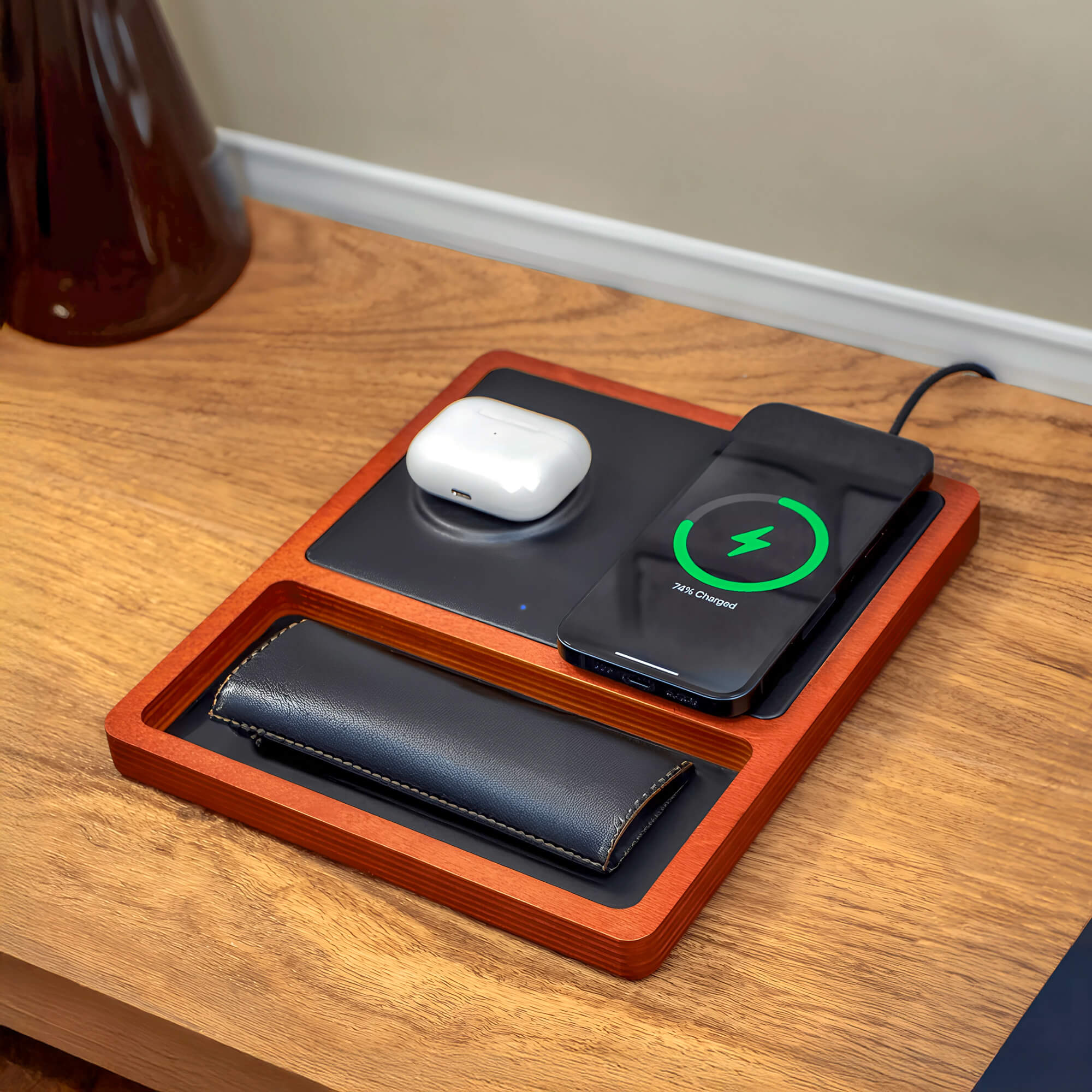 DUO TRAY Black - 2-in-1 MagSafe Oak Wireless Charger with USB-C and A Ports Support