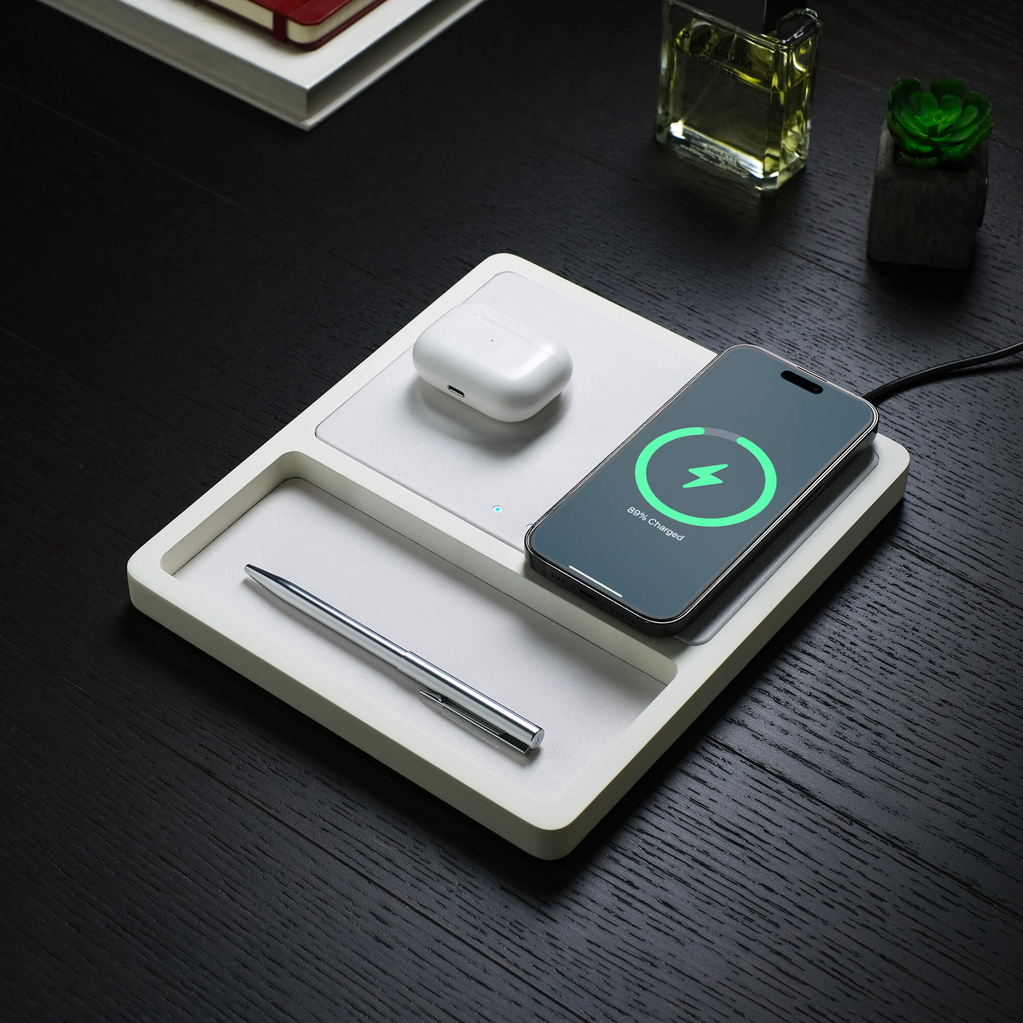 DUO TRAY White - 2-in-1 MagSafe Rustic White Wireless Charger with USB-C and A Ports Support