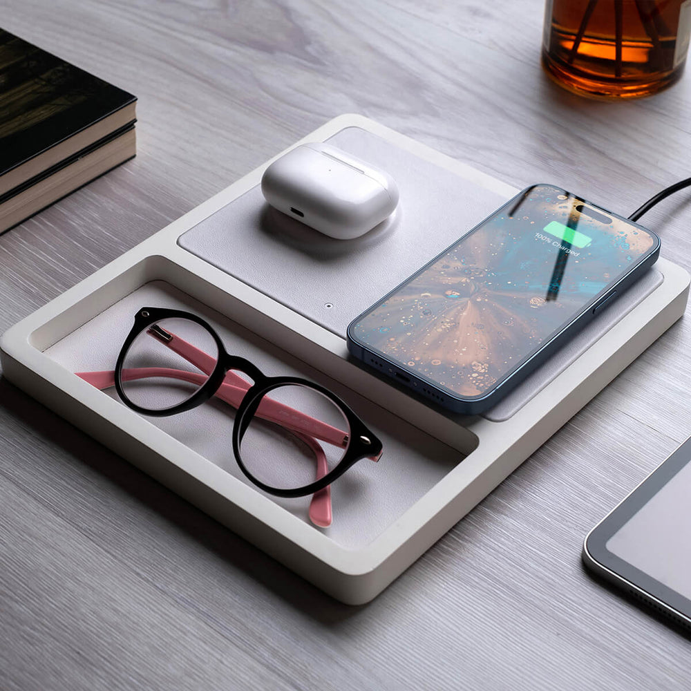 DUO TRAY White - 2-in-1 MagSafe Rustic White Wireless Charger with USB-C and A Ports Support