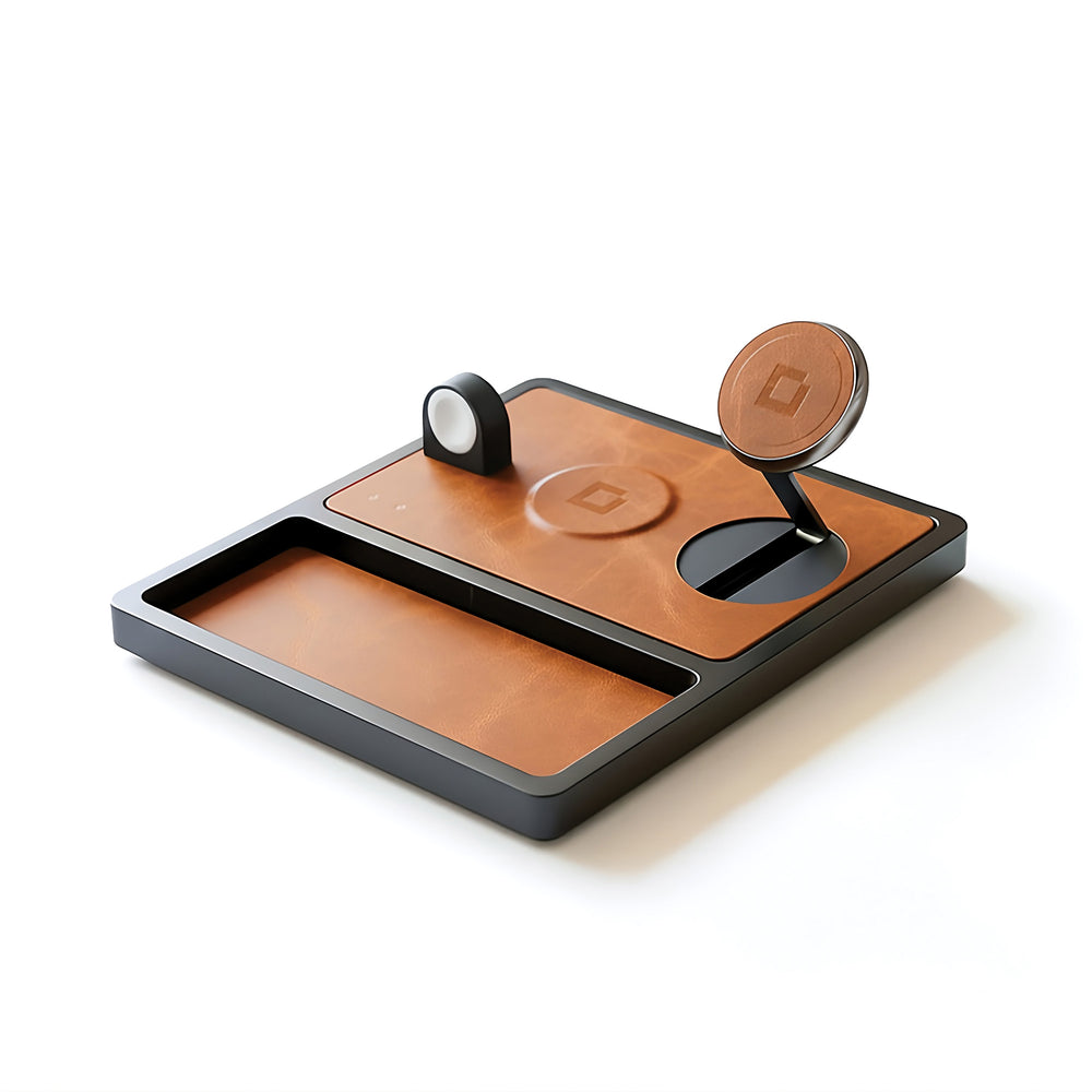 TRIO TRAY STAND Qi2 - 3-in-1 MagSafe Wireless Charger with Lift-Up Coil & Apple Watch Charger - Saddle Brown on Black