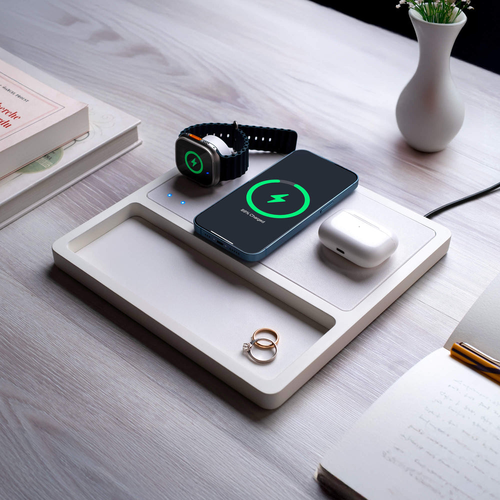 TRIO TRAY White - 3-in-1 MagSafe Rustic White Wireless Charger with Apple Watch Charging