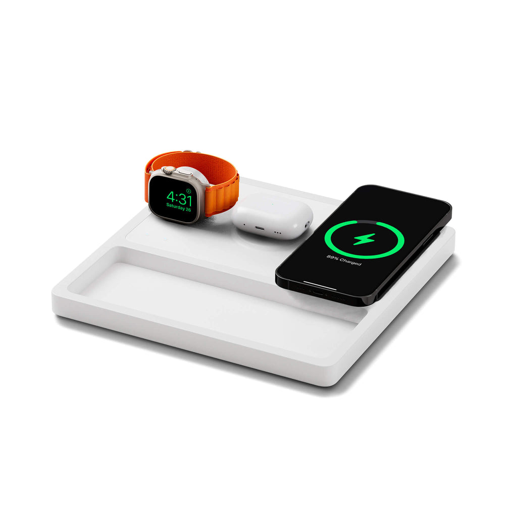TRIO TRAY White - 3-in-1 MagSafe Rustic White Wireless Charger with Apple Watch Charging