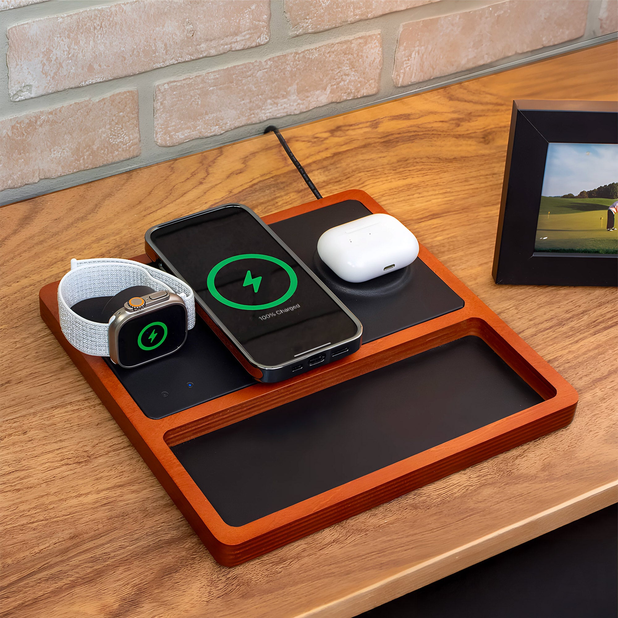 TRIO TRAY Black - 3-in-1 MagSafe Oak Wireless Charger with Apple Watch Charging