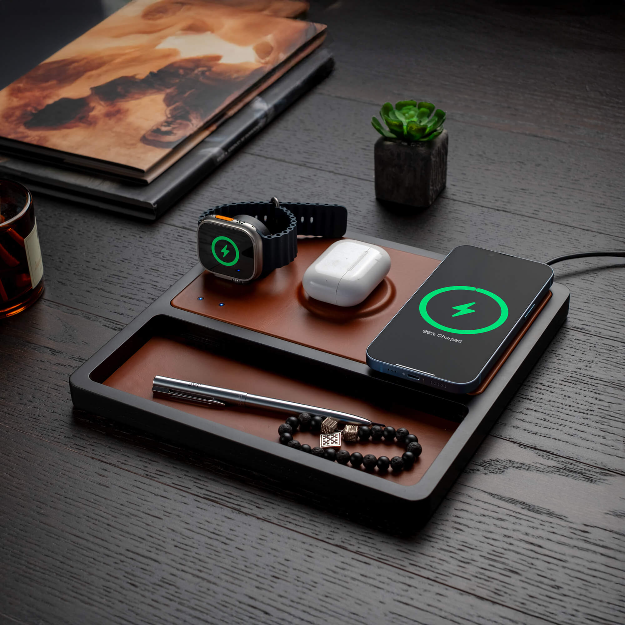 TRIO TRAY Saddle - 3-in-1 MagSafe Midnight Black Wireless Charger with Apple Watch Charging