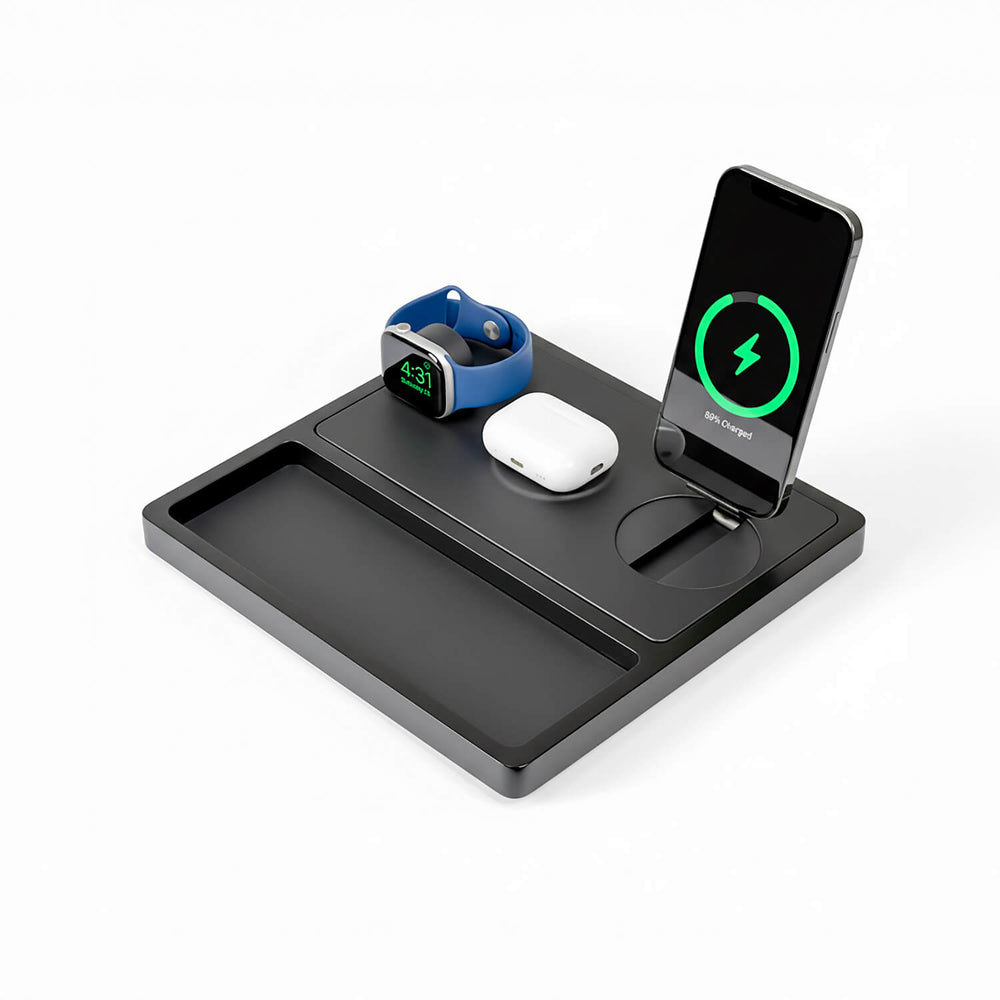 TRIO TRAY STAND Qi2 - 3-in-1 MagSafe Wireless Charger with Lift-Up Coil & Apple Watch Charger - Midnight Black