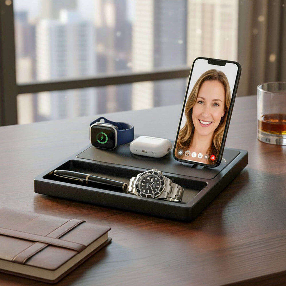 TRIO TRAY STAND Qi2 - 3-in-1 MagSafe Wireless Charger with Lift-Up Coil & Apple Watch Charger - Midnight Black