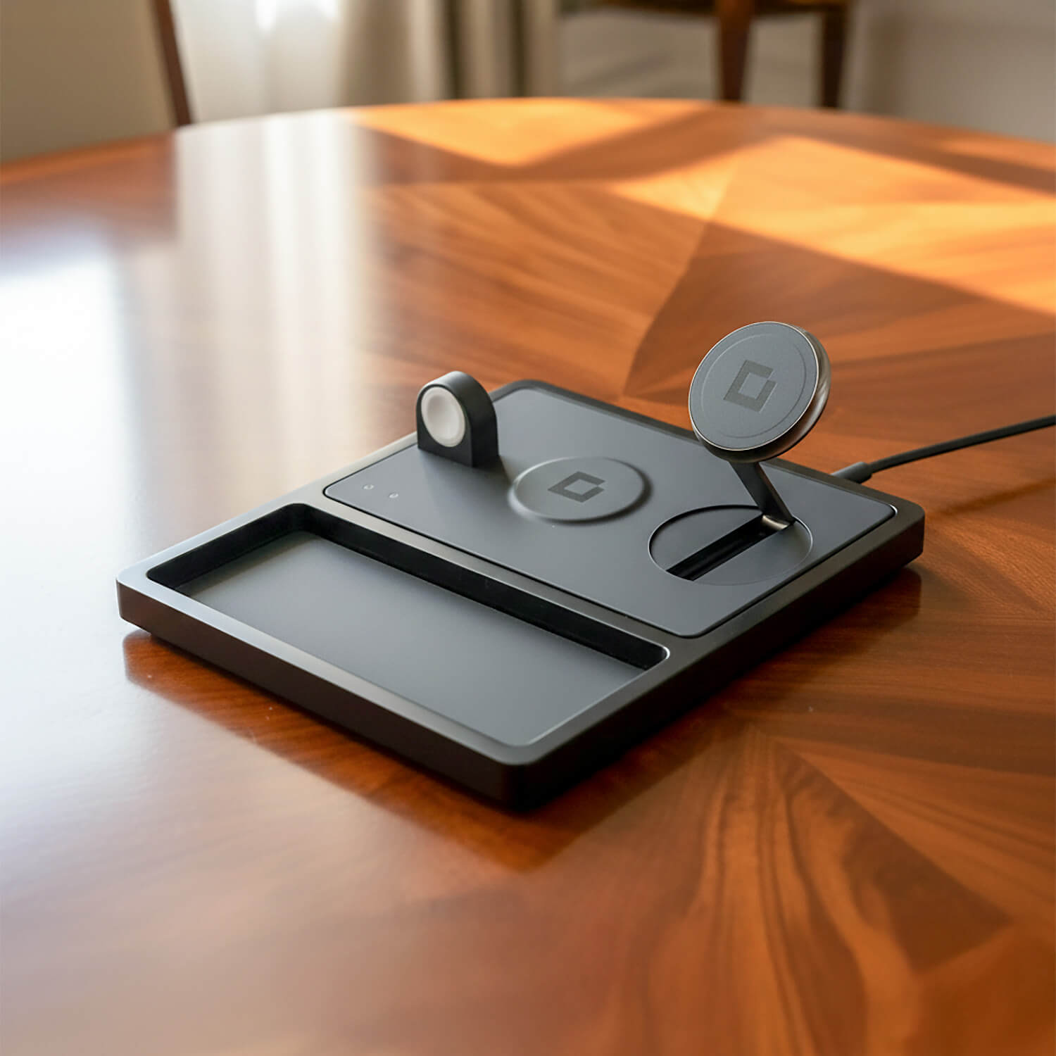 TRIO TRAY STAND Qi2 - 3-in-1 MagSafe Wireless Charger with Lift-Up Coil & Apple Watch Charger - Midnight Black
