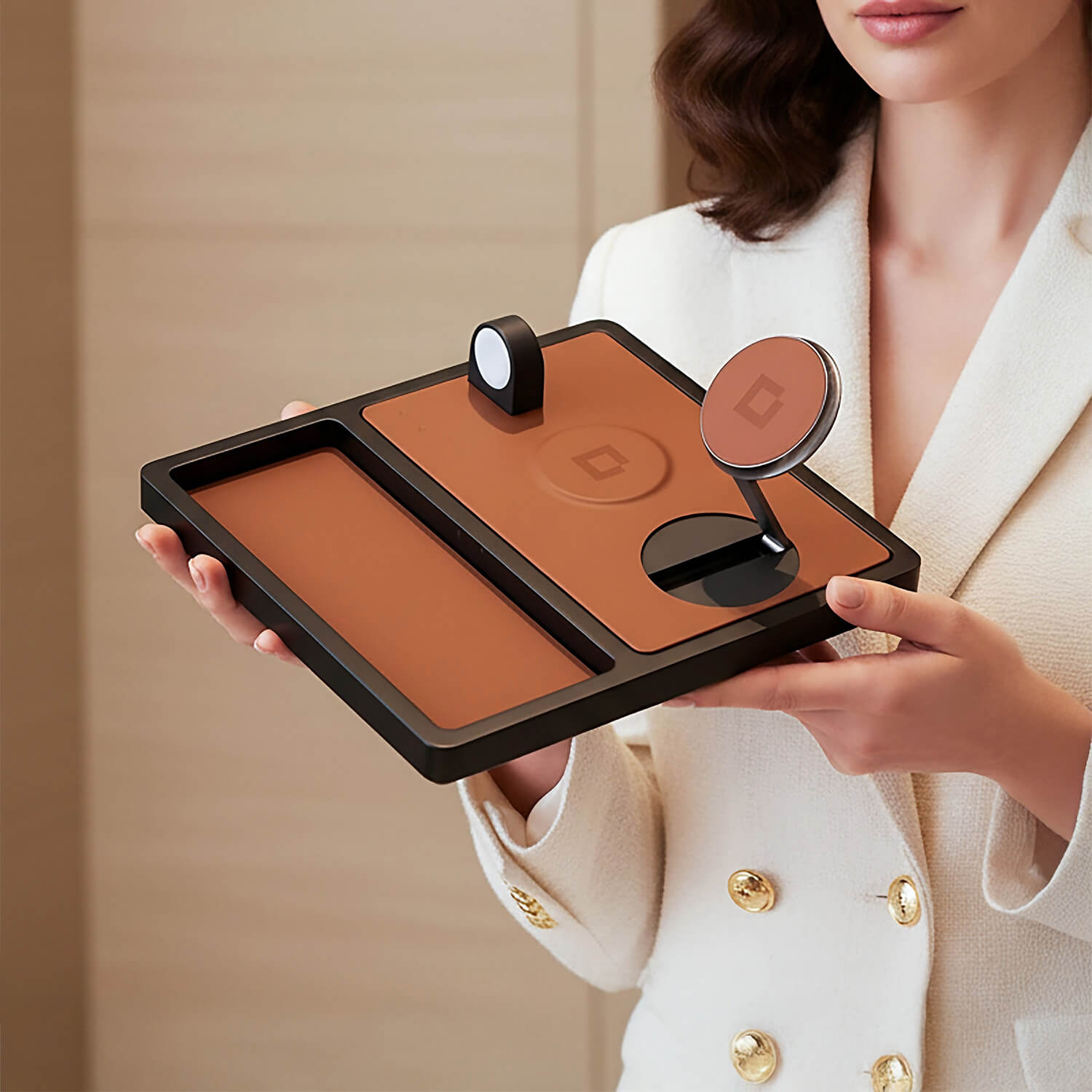 TRIO TRAY STAND Qi2 - 3-in-1 MagSafe Wireless Charger with Lift-Up Coil & Apple Watch Charger - Saddle Brown on Black