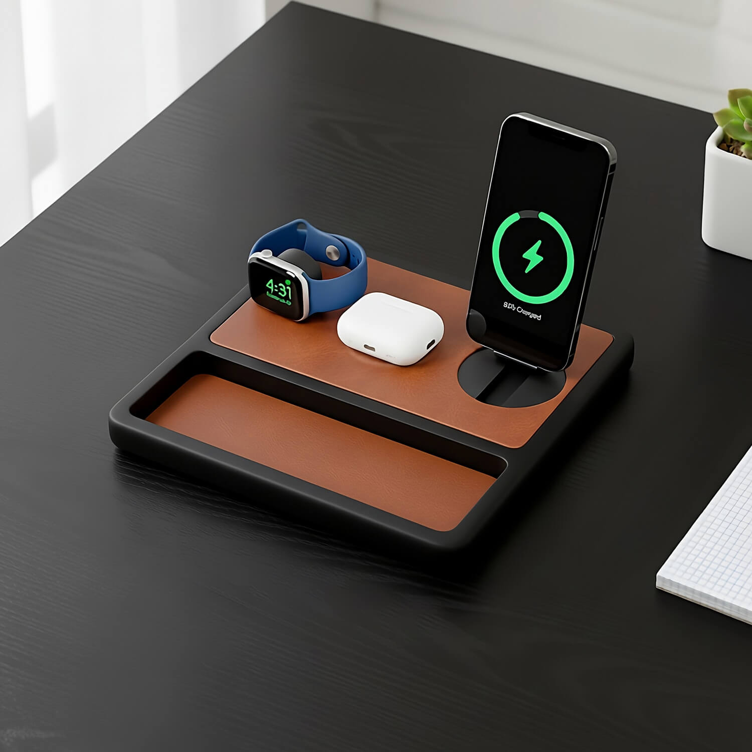 TRIO TRAY STAND Qi2 - 3-in-1 MagSafe Wireless Charger with Lift-Up Coil & Apple Watch Charger - Saddle Brown on Black
