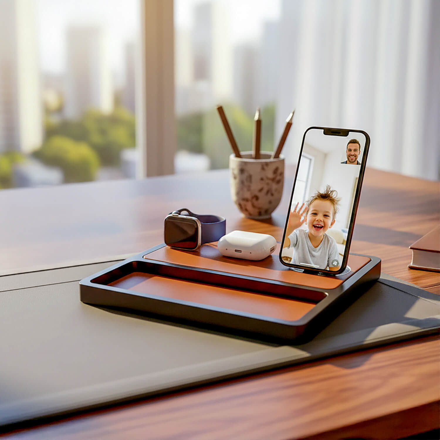 TRIO TRAY STAND Qi2 - 3-in-1 MagSafe Wireless Charger with Lift-Up Coil & Apple Watch Charger - Saddle Brown on Black