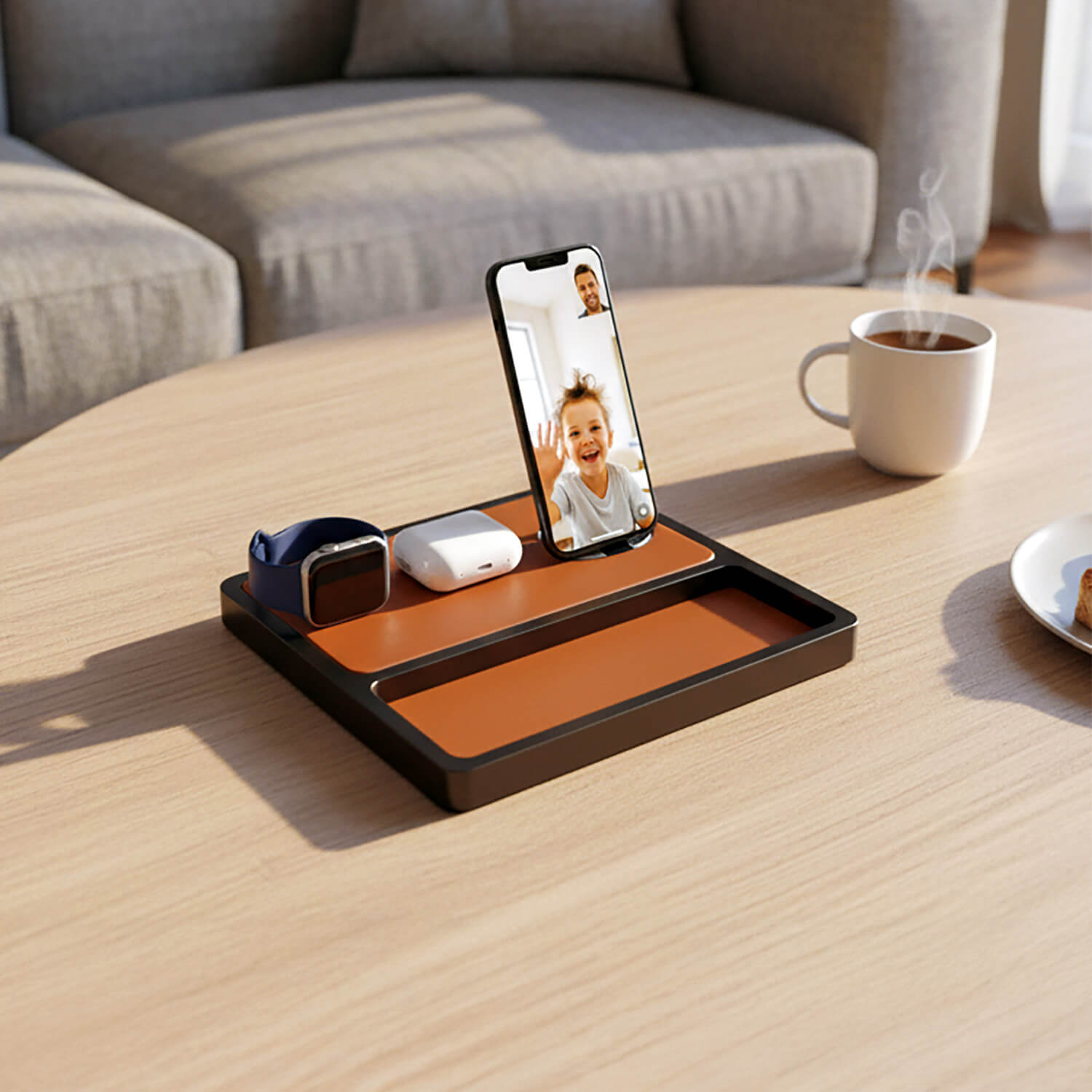 TRIO TRAY STAND Qi2 - 3-in-1 MagSafe Wireless Charger with Lift-Up Coil & Apple Watch Charger - Saddle Brown on Black