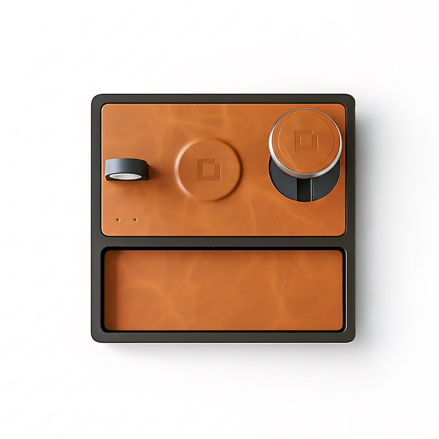 TRIO TRAY STAND Qi2 - 3-in-1 MagSafe Wireless Charger with Lift-Up Coil & Apple Watch Charger - Saddle Brown on Black