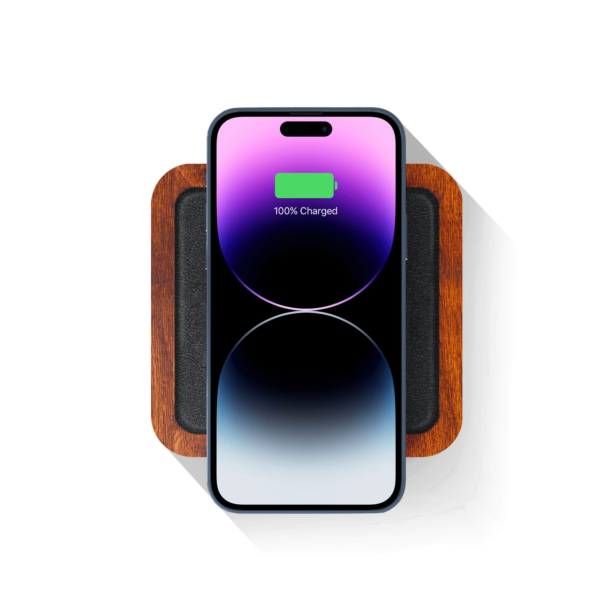 UNO Black - Single-Coil MagSafe Oak Wireless Charger front  view with device