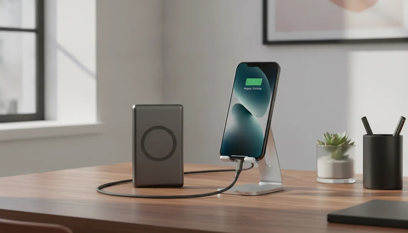 Premium 10000mAh MagSafe power bank on a walnut desk next to an iPhone in a clean modern workspace
