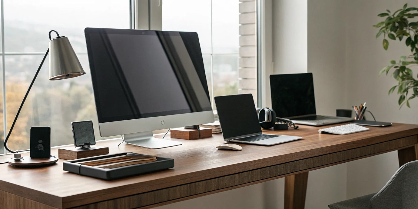 A multi-device charging dock organizing and powering a phone and watch on a wooden desk.