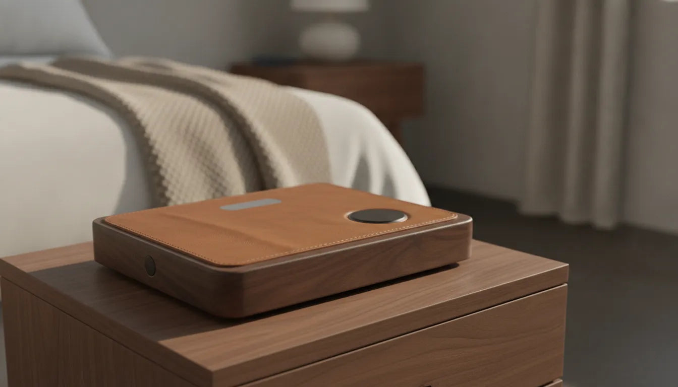 2 in 1 charging dock on a compact walnut nightstand with an iPhone and Apple Watch