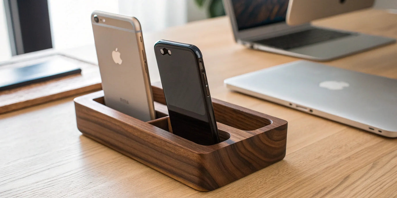 A wood Apple charging dock keeps iPhones organized for a clutter-free desk.