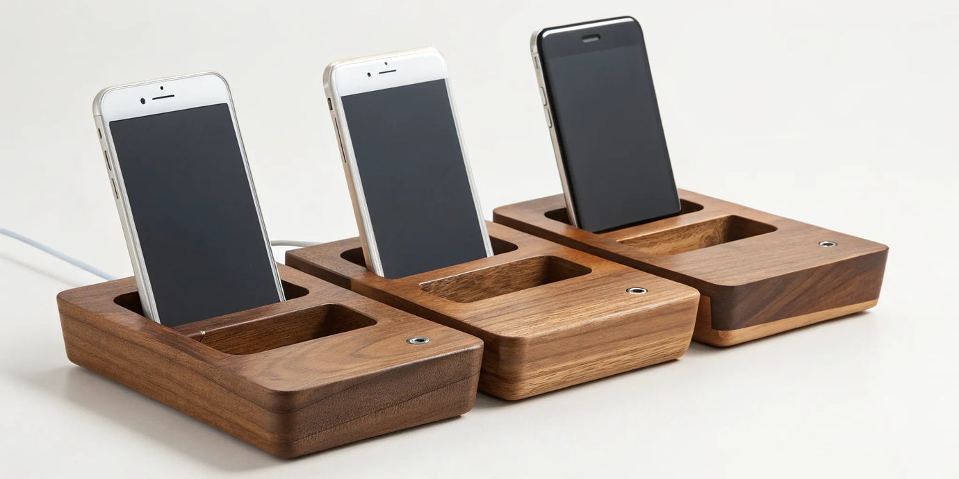 A wooden nightstand charging dock for an iPhone, holding multiple Apple devices.