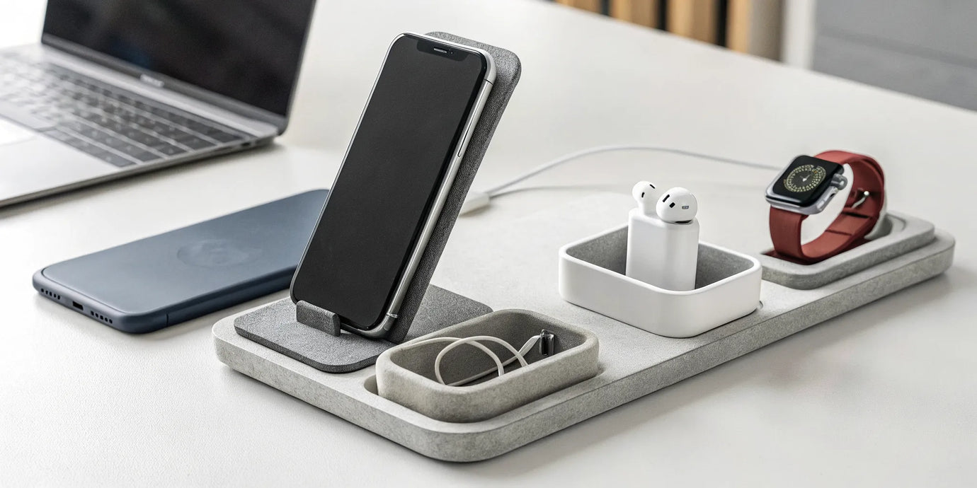 A 3-in-1 charging dock holding a phone, smartwatch, and earbuds on a clean desk.