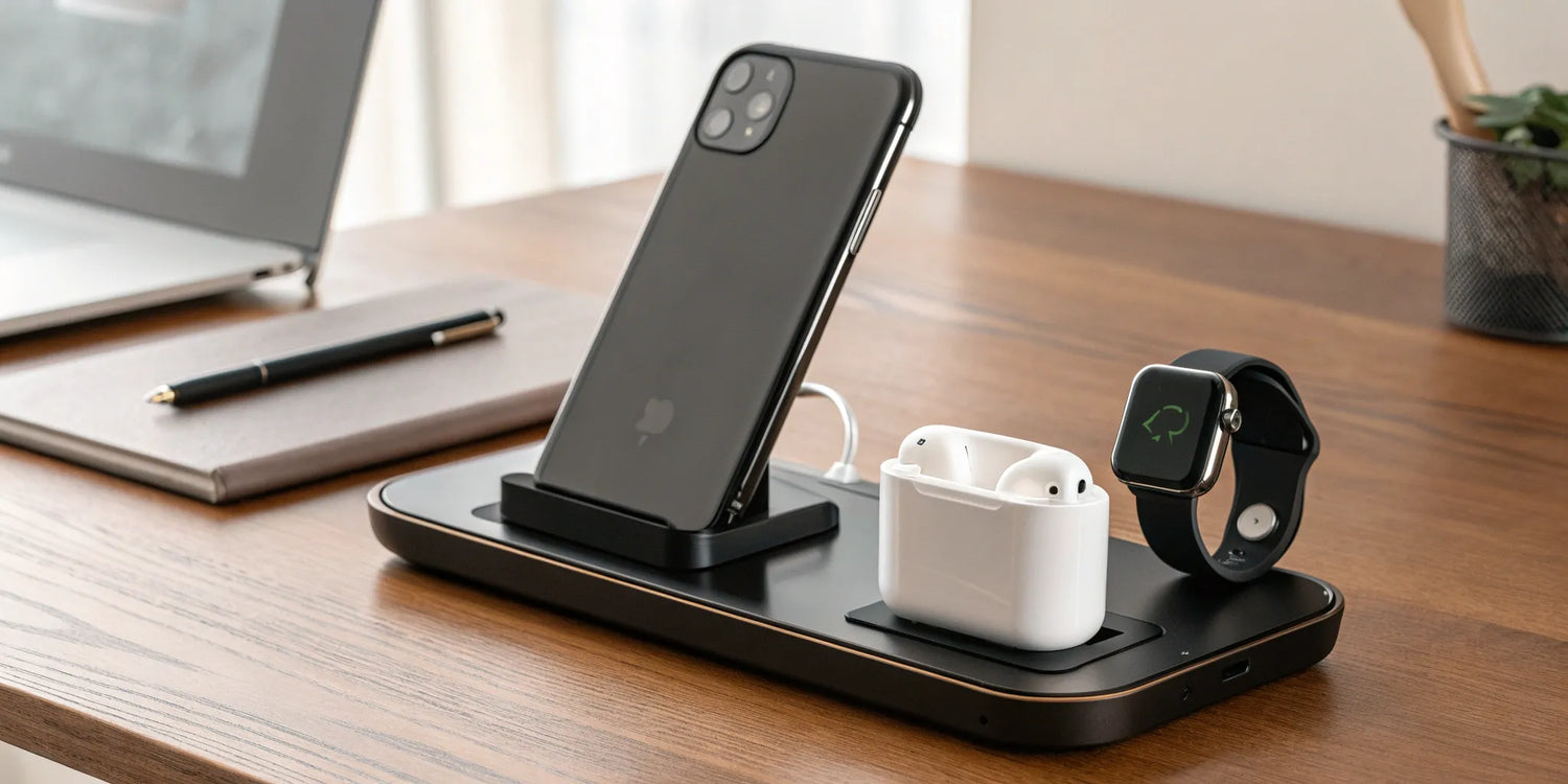 Best 3-in-1 wireless charger for Apple, charging an iPhone, AirPods, and Apple Watch.