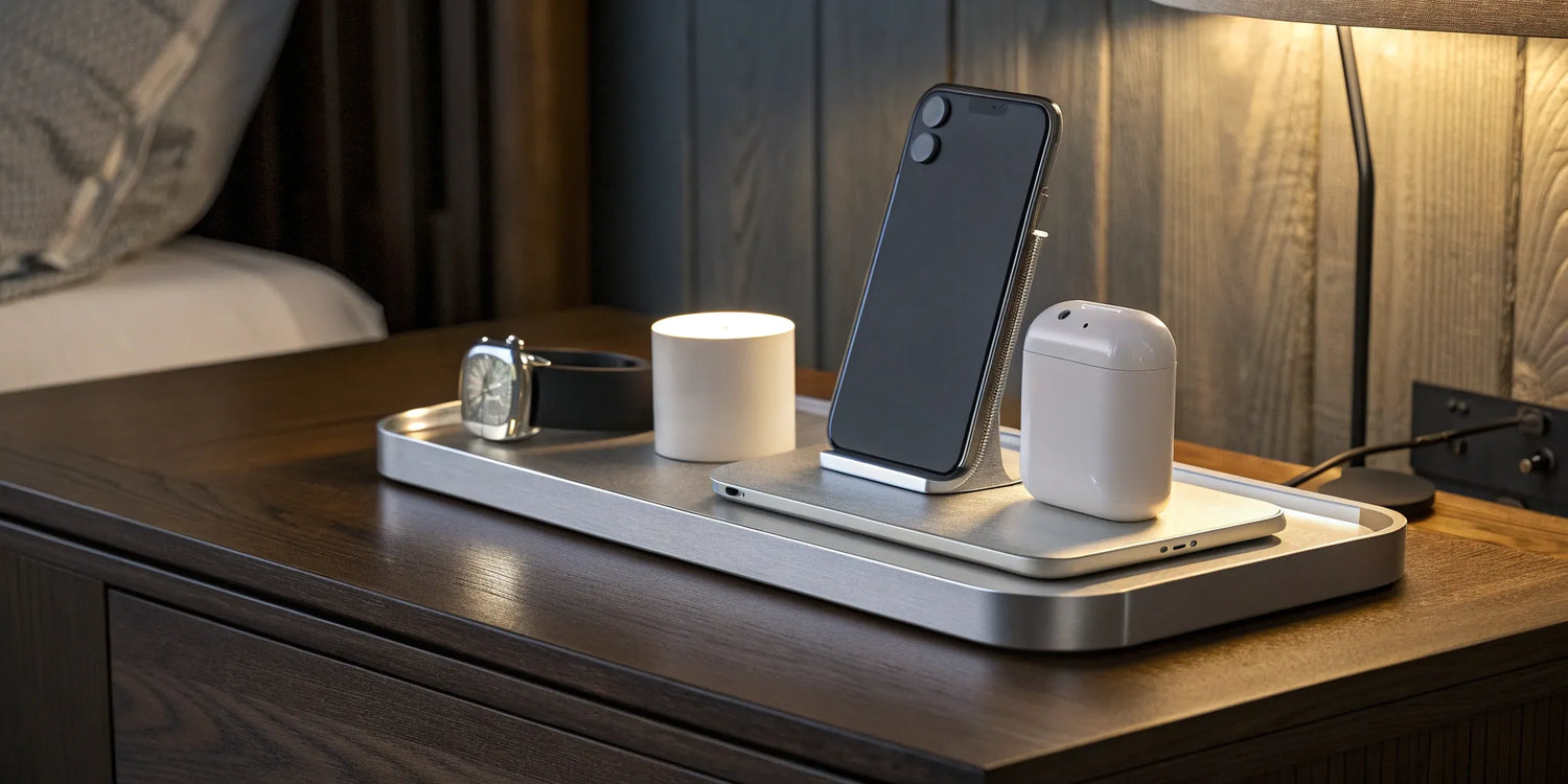 An Apple certified 3-in-1 charger simultaneously charging an iPhone, Apple Watch, and AirPods on a nightstand.