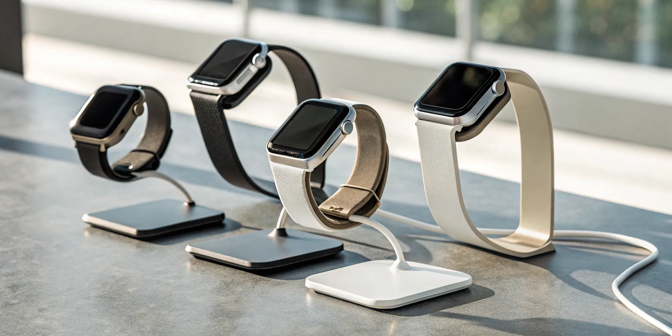 Four different models of an Apple Watch charging dock displayed side-by-side.