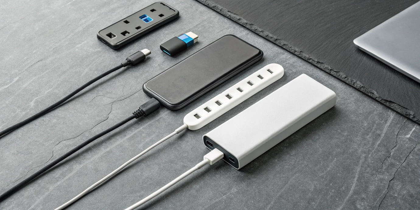 A compact travel charging station for powering multiple devices on a trip.