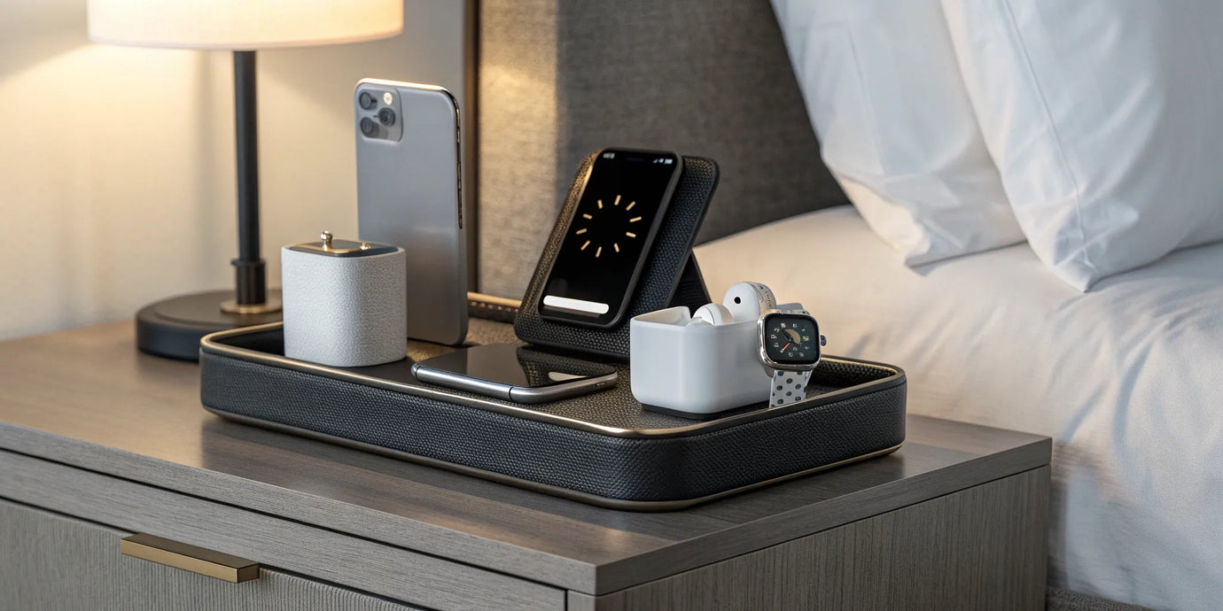 A charging station neatly organizing and charging an iPhone, AirPods, and Apple Watch.