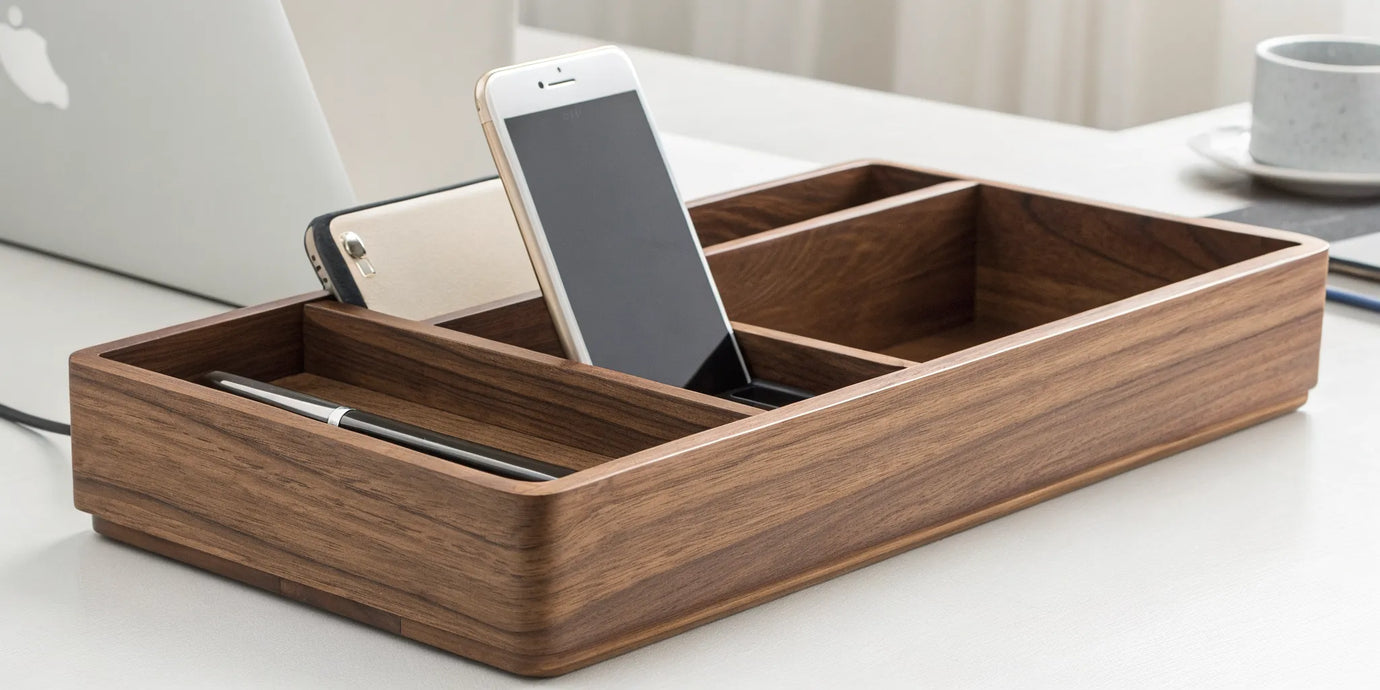 Handcrafted wood charging organizer for a desk with a phone and accessories.