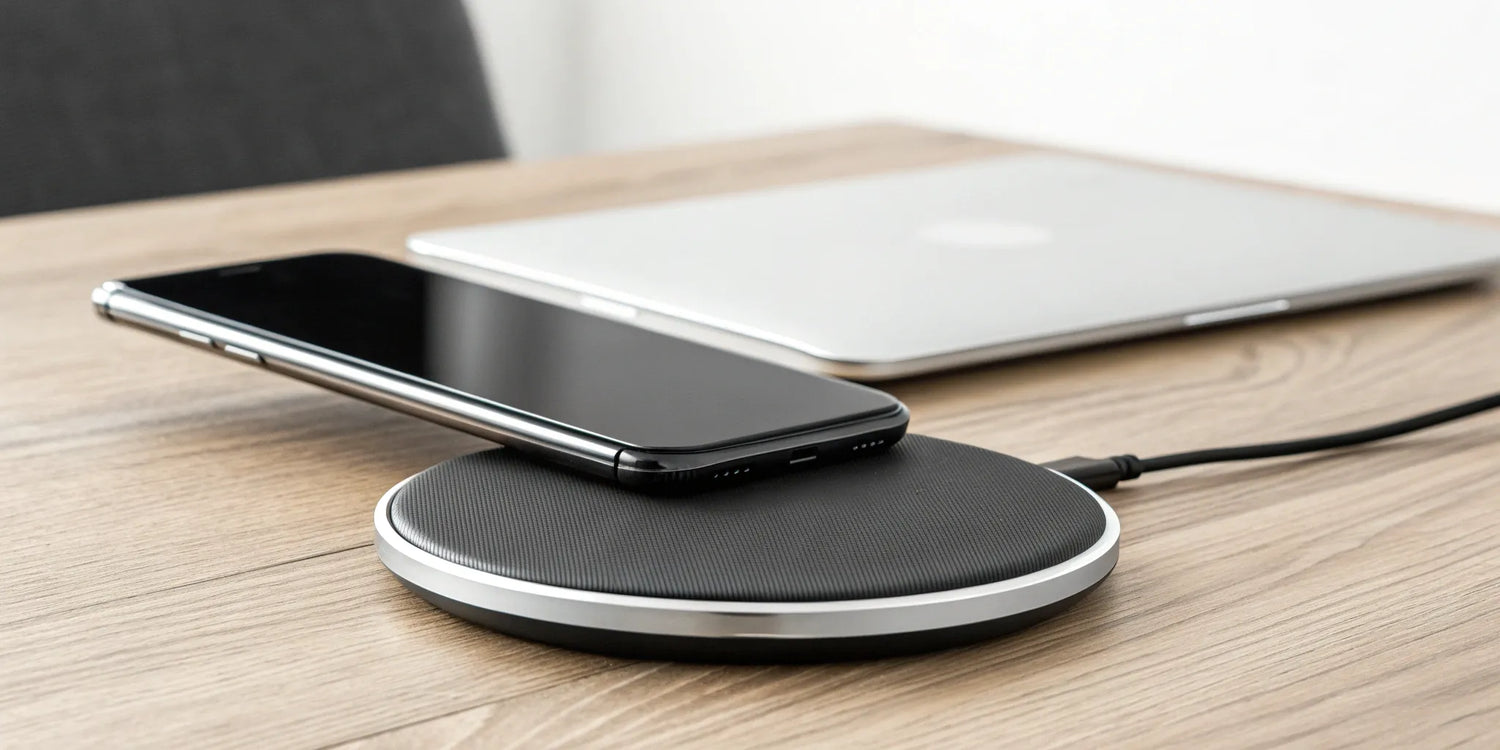 Sleek luxury wireless charger for a modern home charging a smartphone on a wooden desk.