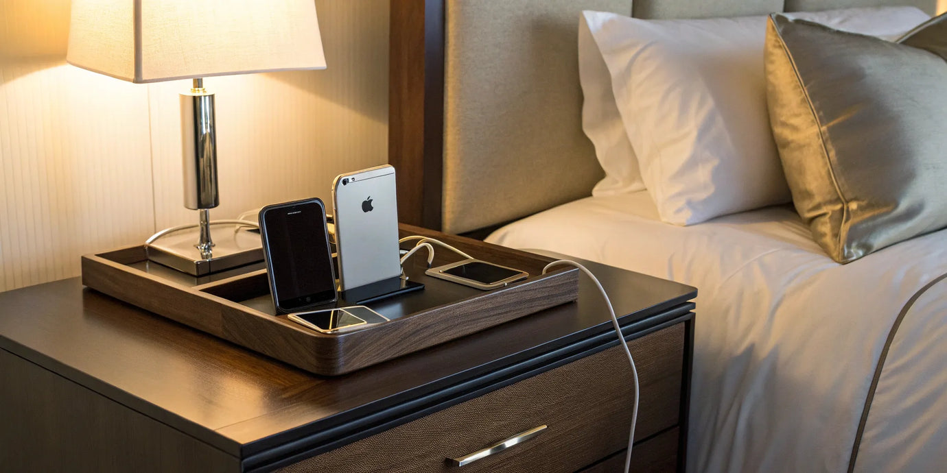 Best nightstand charging station for Apple devices, charging multiple devices beside a bed.