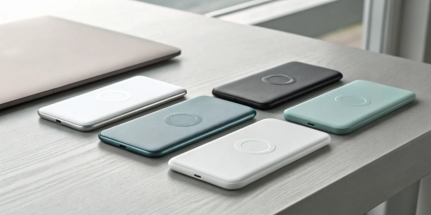 A collection of slim wireless power banks in different colors for cable-free charging.
