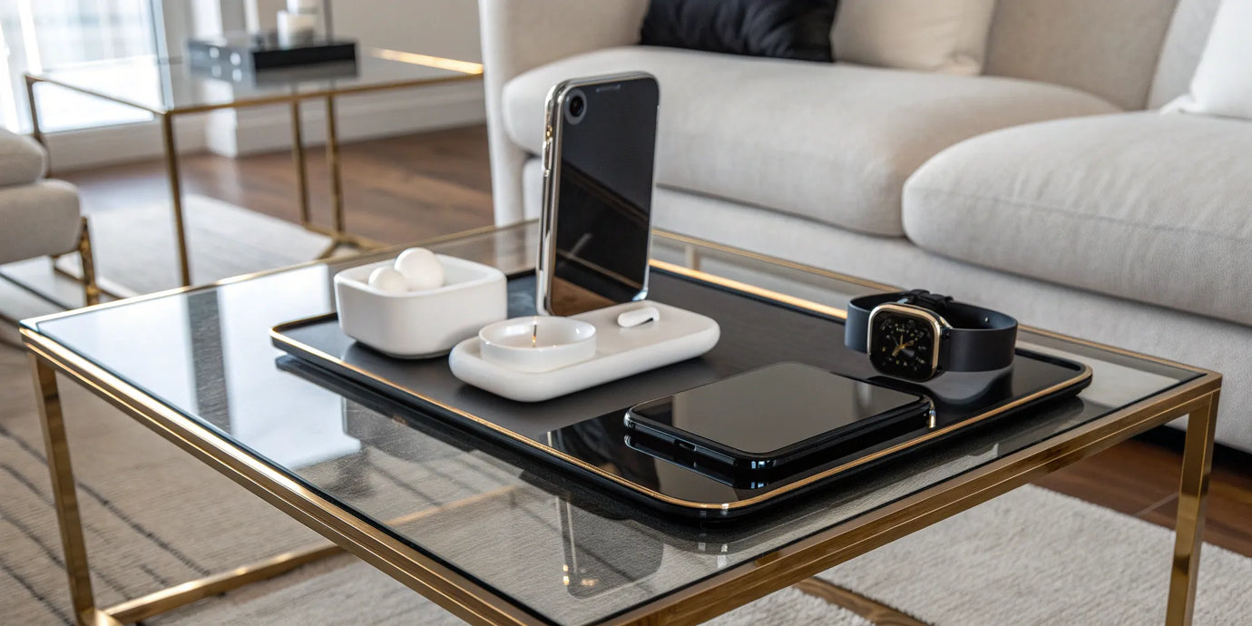 Wireless charging station for an iPhone, Apple Watch, and AirPods.