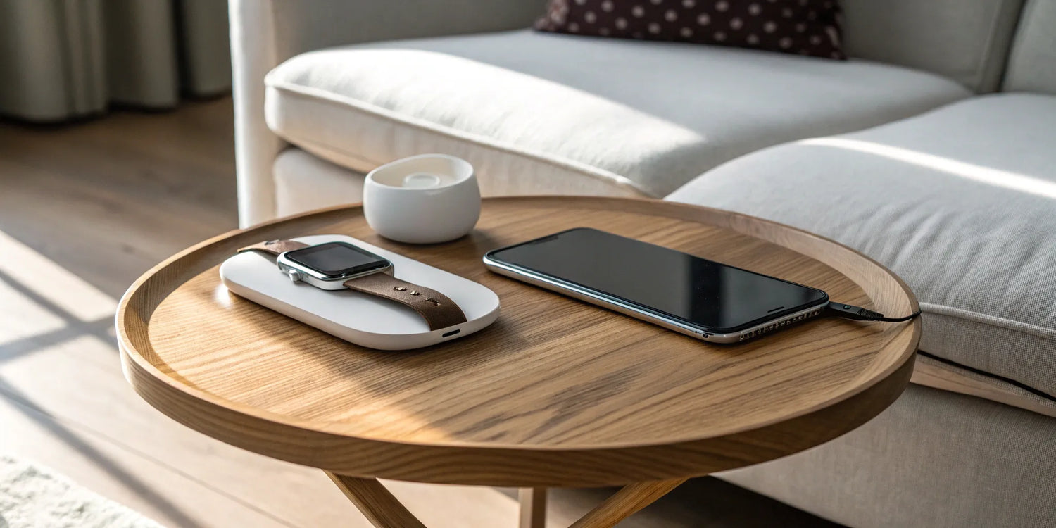 Premium wood NYTSTND DUO charger powering an iPhone and Apple Watch on a desk.