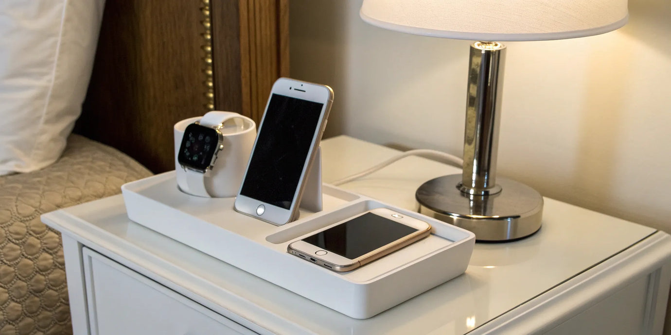 A 2-in-1 charger powering an iPhone and Apple Watch on a nightstand.