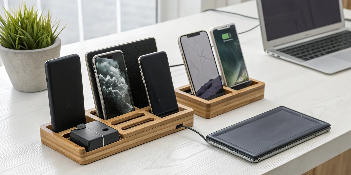 A bamboo Android charging dock keeps multiple devices organized for clutter-free charging.
