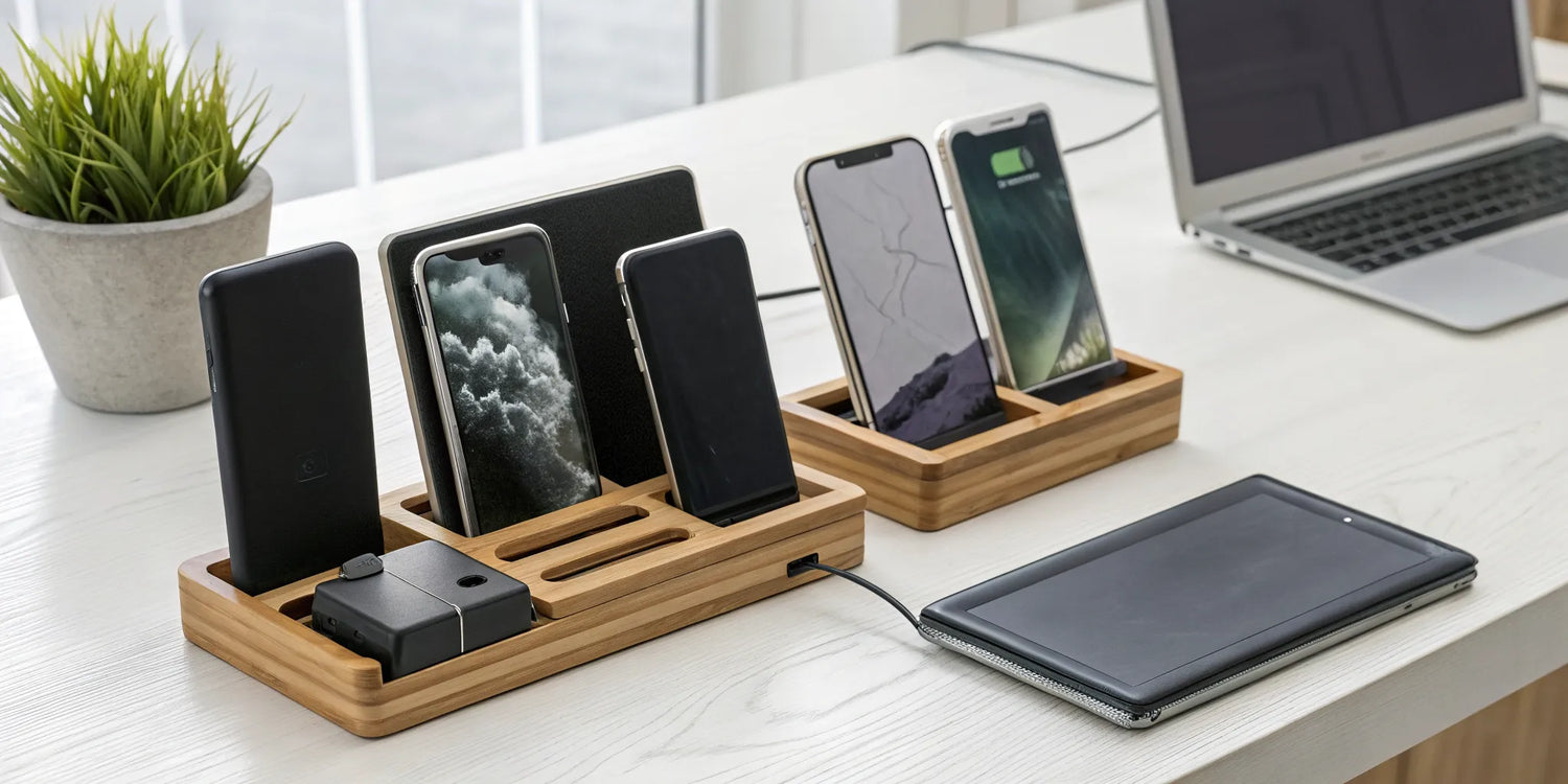 A bamboo Android charging dock keeps multiple devices organized for clutter-free charging.