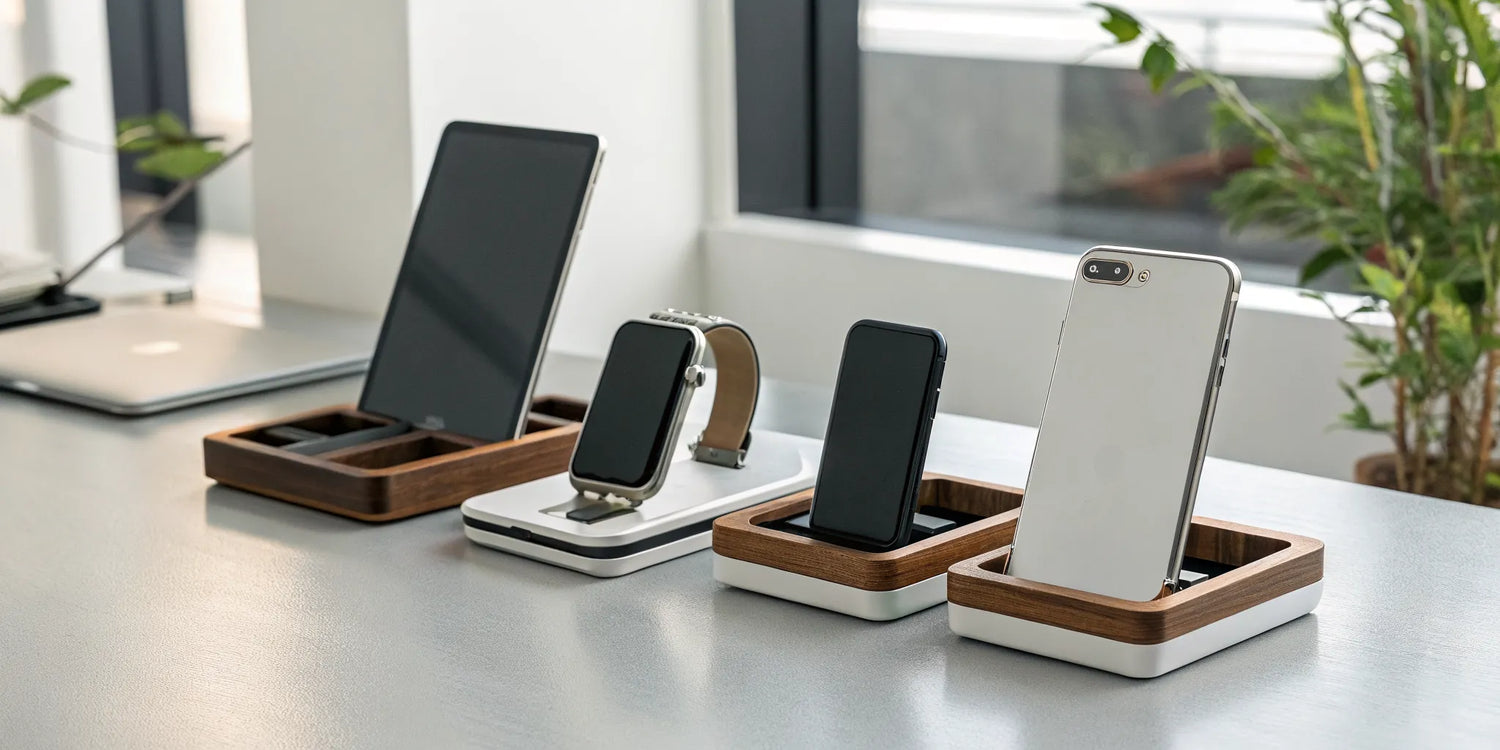 A wooden iPhone and Watch charging dock for a clutter-free nightstand.