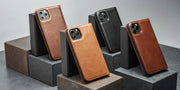 Slim leather MagSafe wallets for iPhone in brown and black.