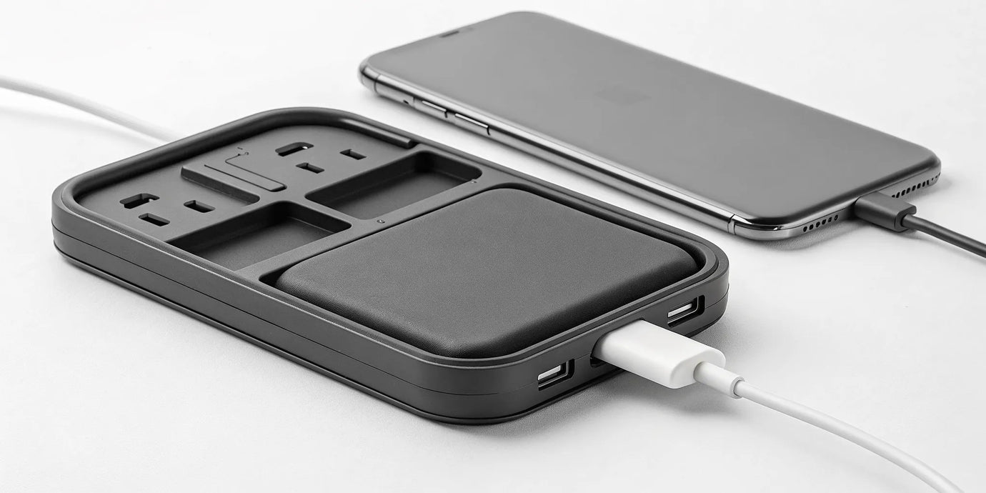 A compact collapsible charging pad for travel, charging a phone and watch.