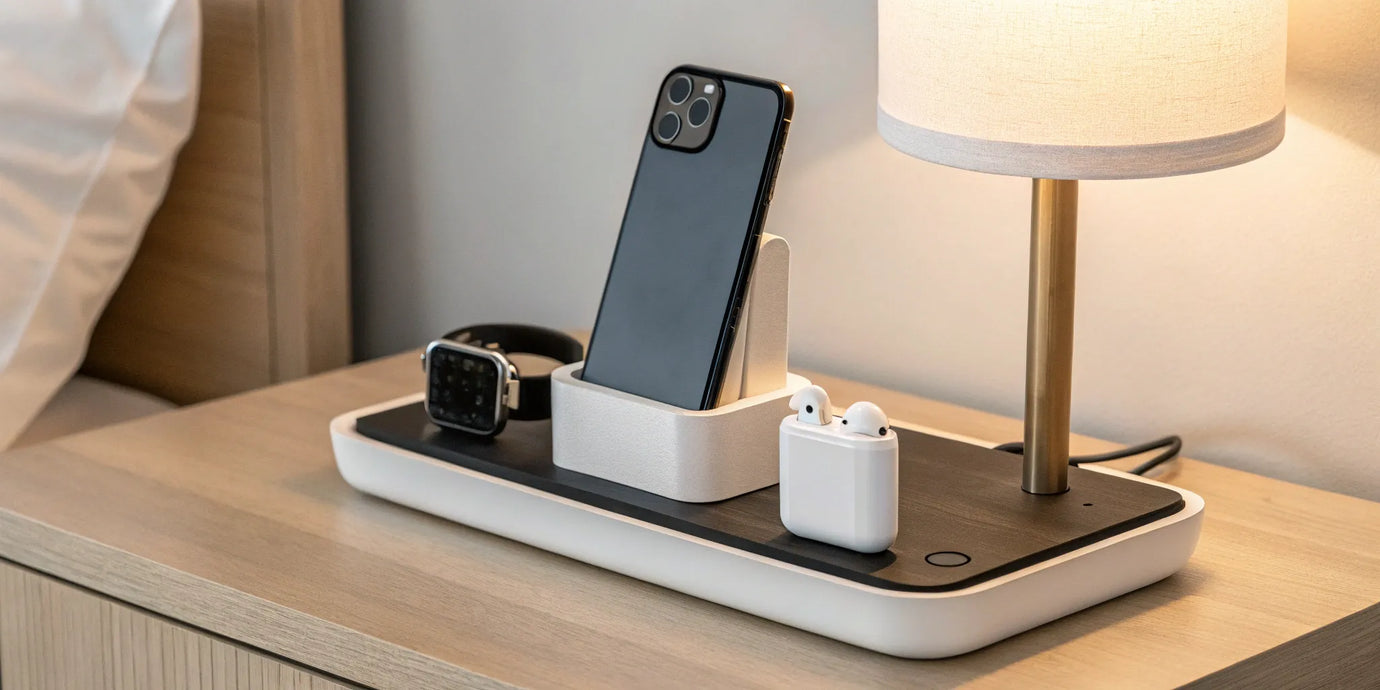 Best charger for iPhone, Watch, and AirPods on a nightstand.
