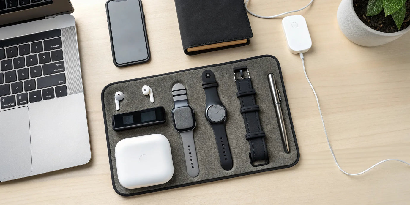 A smartwatch charging dock organizes a tidy desk with a phone and laptop.