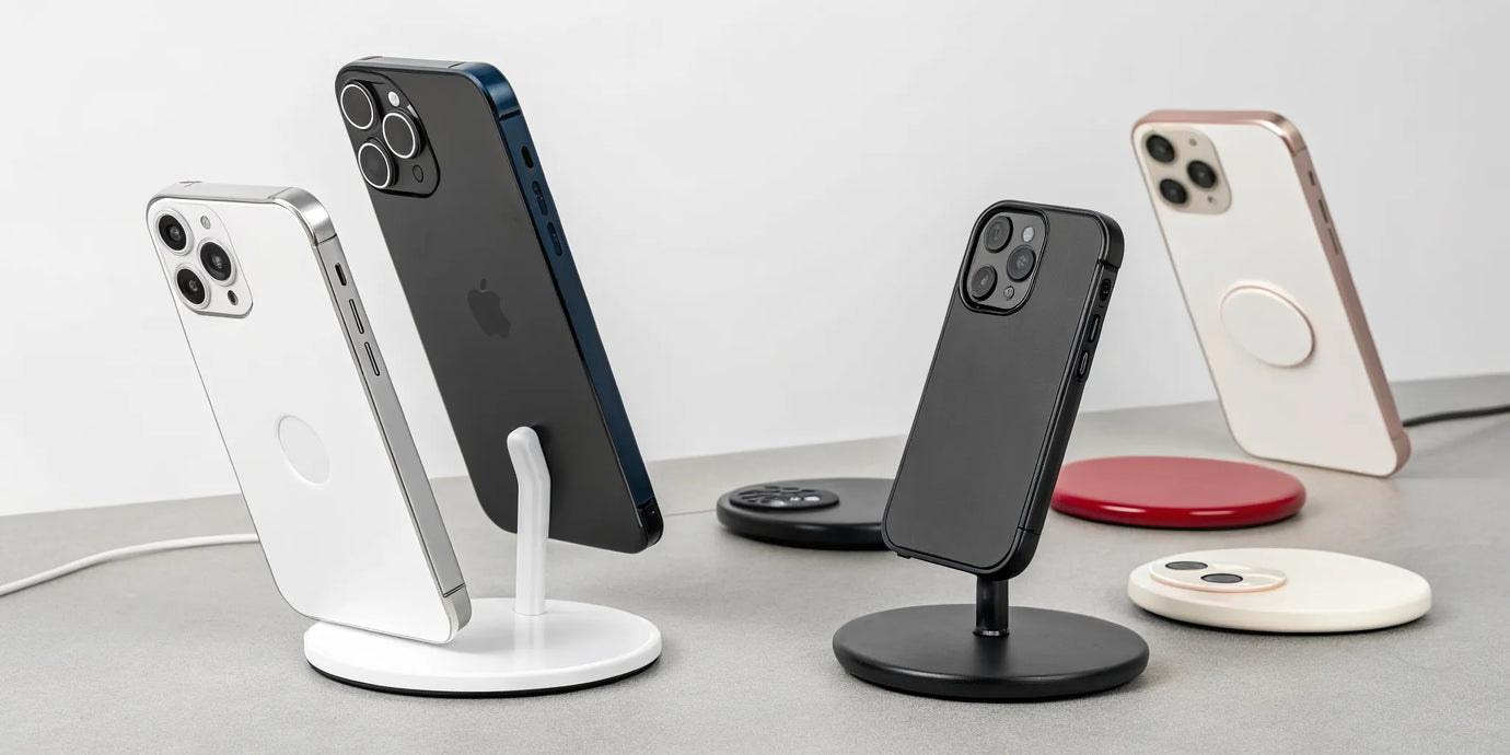 A collection of minimalist MagSafe charging stands for iPhone in various styles.
