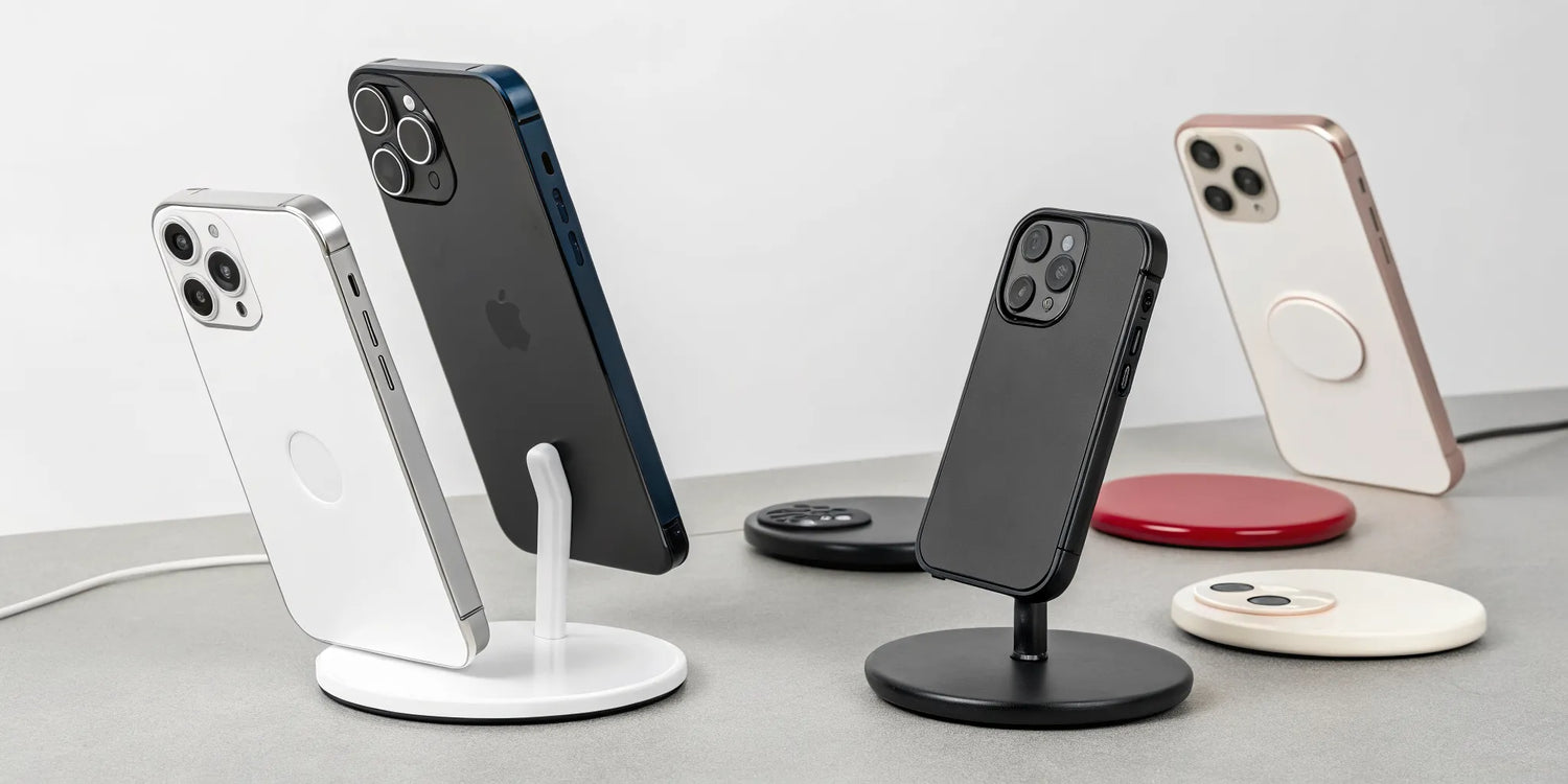 A collection of minimalist MagSafe charging stands for iPhone in various styles.